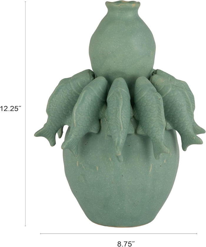 Design Shop Stoneware Vase with 3D Fish and Reactive Glaze, Matte Sage Green