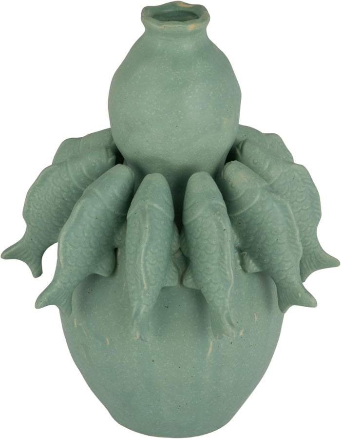 Design Shop Stoneware Vase with 3D Fish and Reactive Glaze, Matte Sage Green
