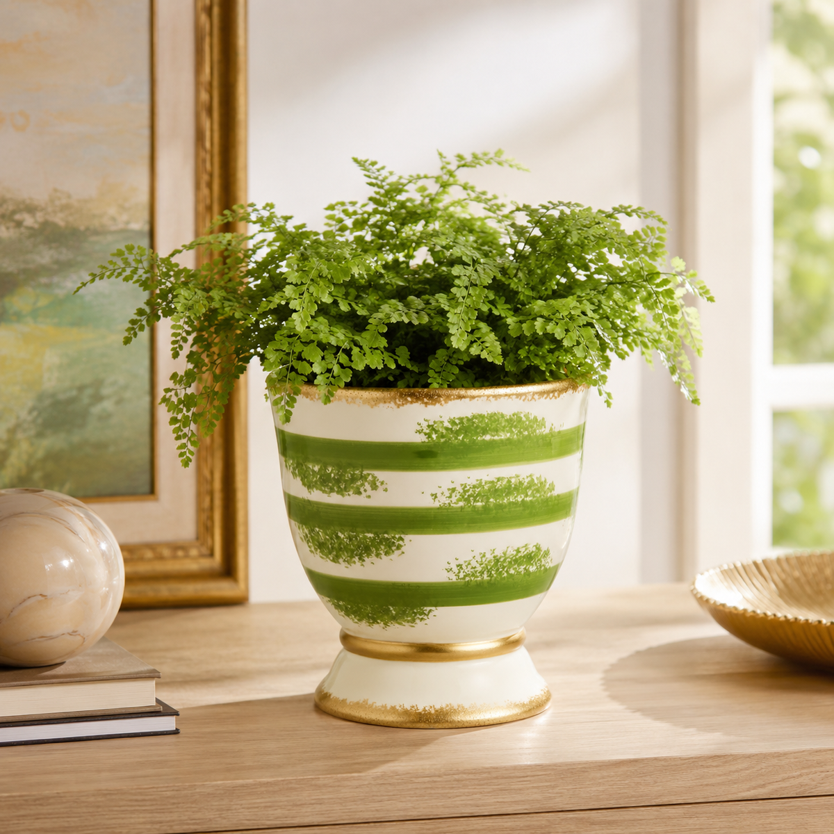 Design Shop Savoy Green and White Cachepot Large 7.25"