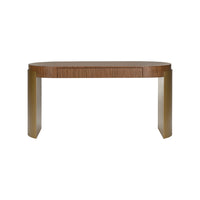 Wooden desk with a single drawer on a white background