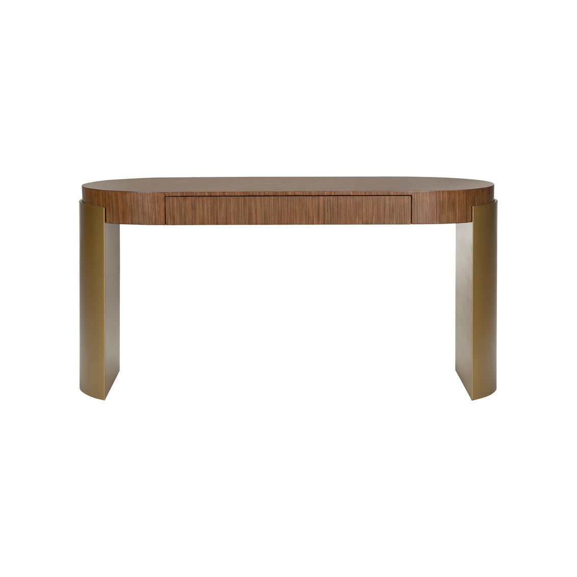 Wooden desk with a single drawer on a white background