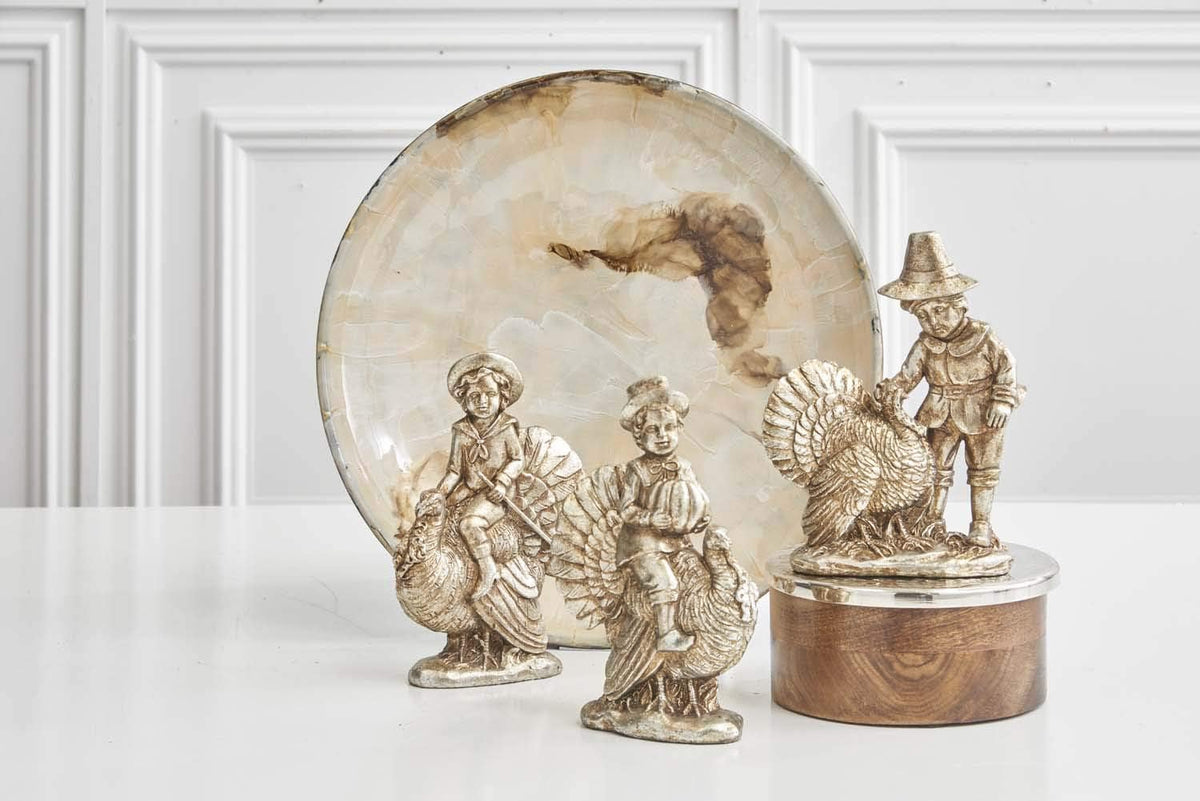 Design Shop Assorted 7.25 Inch Antique Silver Resin Children with Turkeys, Set of 3