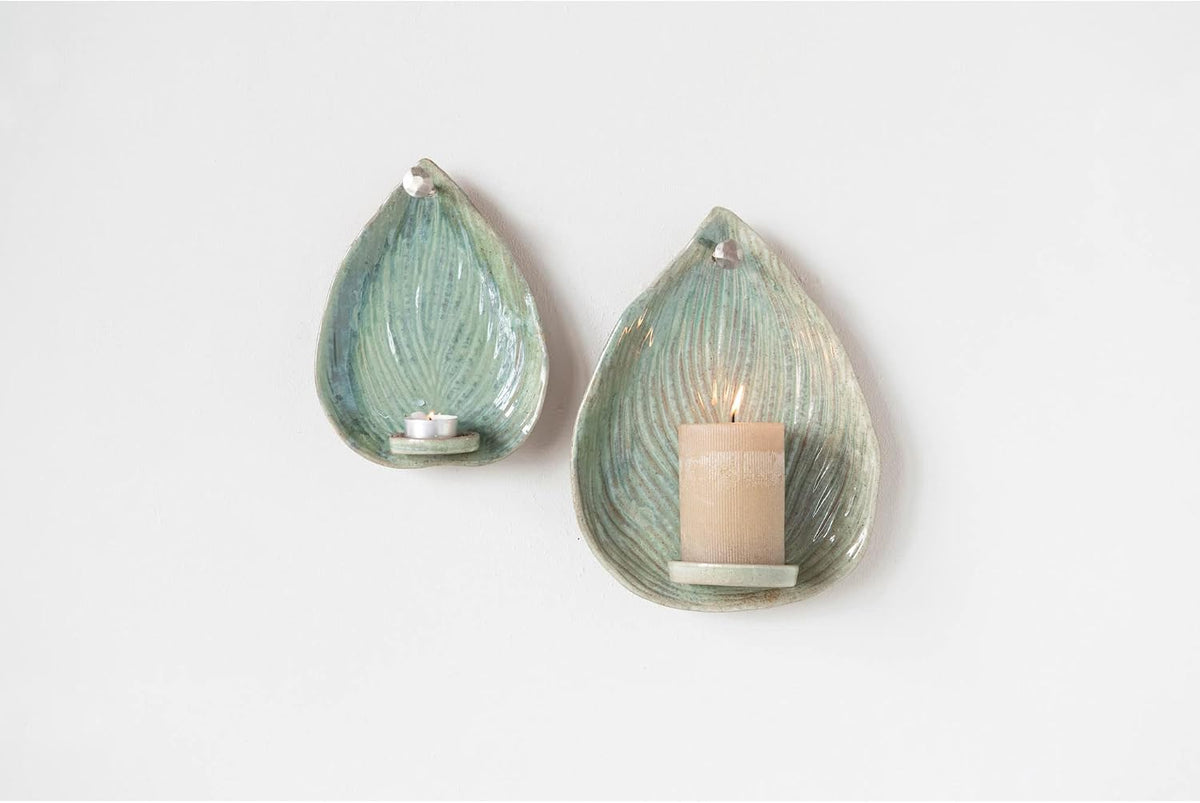 Design Shop Stoneware Leaf Candle Holder Wall Sconce, Green Reactive Glaze