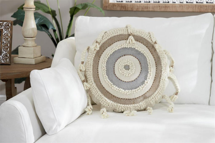 Design Shop  Round Cream Striped Decorative Throw Pillow w/ Braided Tassels