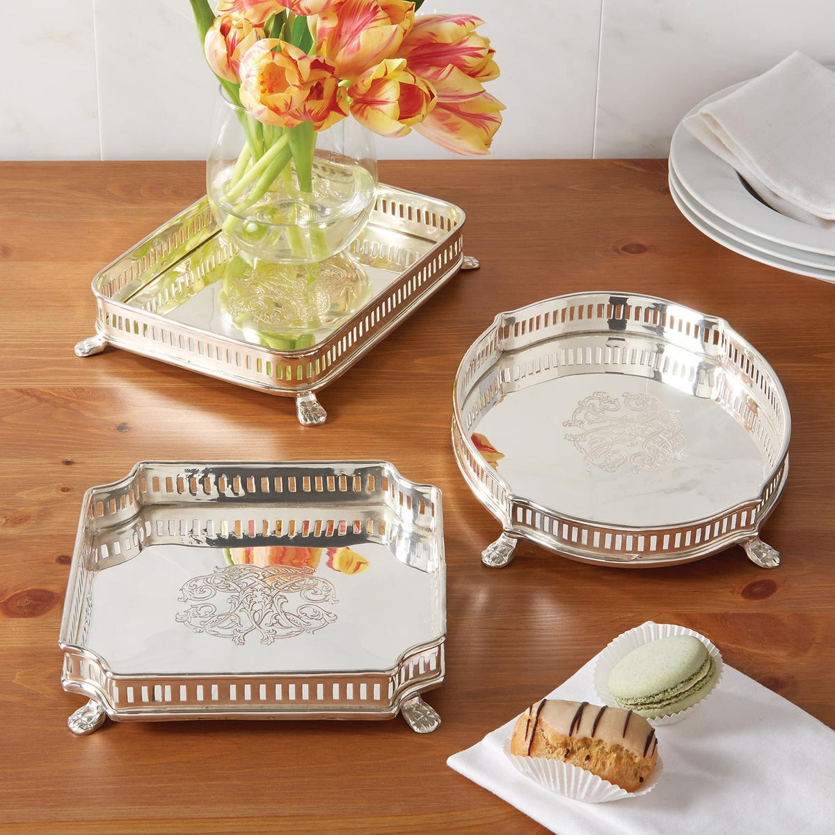 Design Shop Galway Engraved Gallery Tray - Plated Brass, Set of 3.