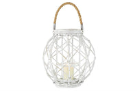 Design Shop  Woven Rattan White Lantern w/ Burlap Jute Rope Handle & Glass Insert