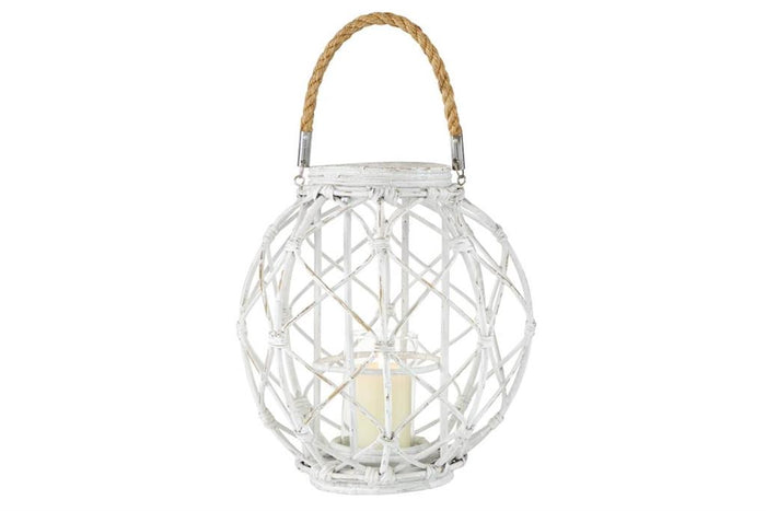 Design Shop  Woven Rattan White Lantern w/ Burlap Jute Rope Handle & Glass Insert