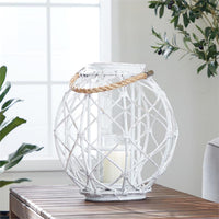 Design Shop  Woven Rattan White Lantern w/ Burlap Jute Rope Handle & Glass Insert