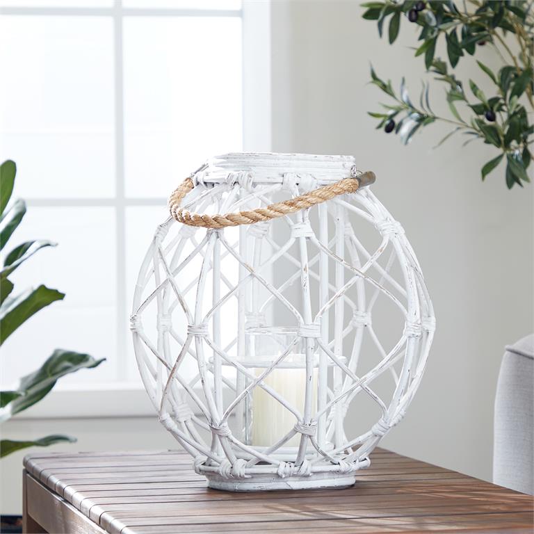 Design Shop  Woven Rattan White Lantern w/ Burlap Jute Rope Handle & Glass Insert