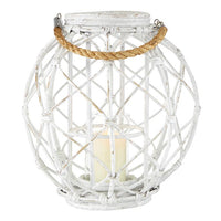 Design Shop  Woven Rattan White Lantern w/ Burlap Jute Rope Handle & Glass Insert