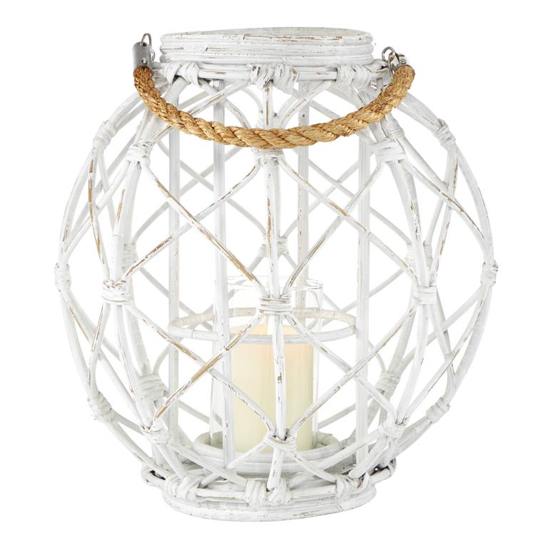 Design Shop  Woven Rattan White Lantern w/ Burlap Jute Rope Handle & Glass Insert