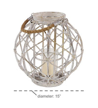 Design Shop  Woven Rattan White Lantern w/ Burlap Jute Rope Handle & Glass Insert