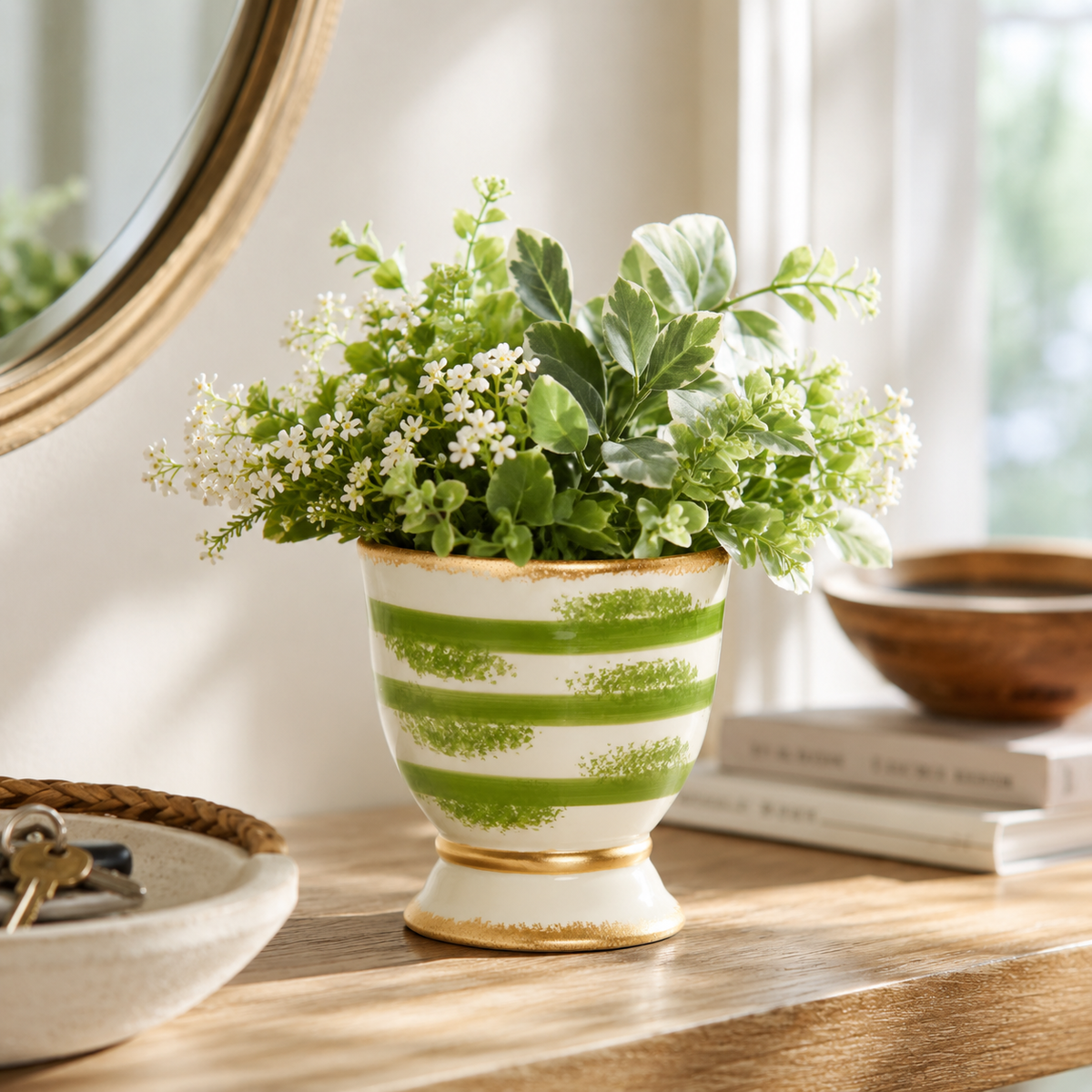 Design Shop Savoy Green and White Cachepot Large 7.25"
