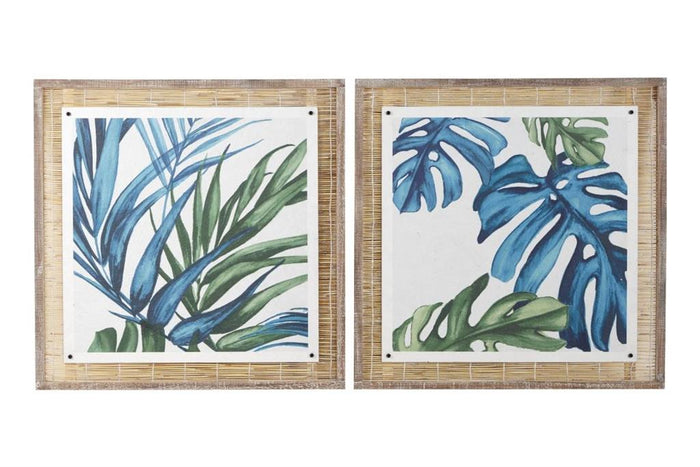 Blue Dried Plant Leaf Framed Wall Art with Brown Frame, Set of 2 29"W, 29"H
