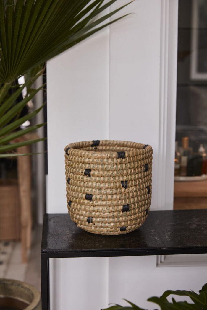 Woven basket with black dots on a black surface, with plants in the background.