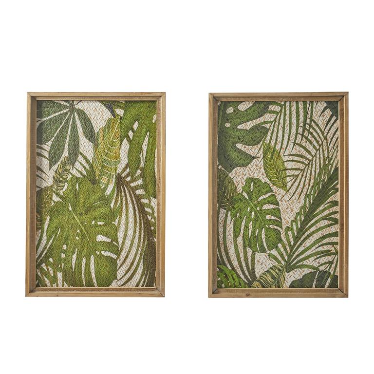 Green Wood Leaf Tropical Wall Decor with Brown Frame, Set of 2 17"W, 25"H