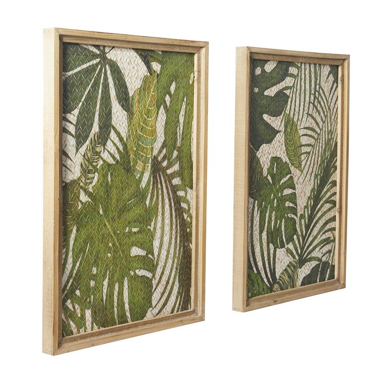Design Shop  Green Wood Leaf Tropical Wall Decor w/ Brown Frame