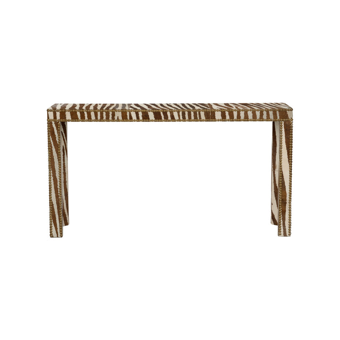 Console table with zebra print top on a white background