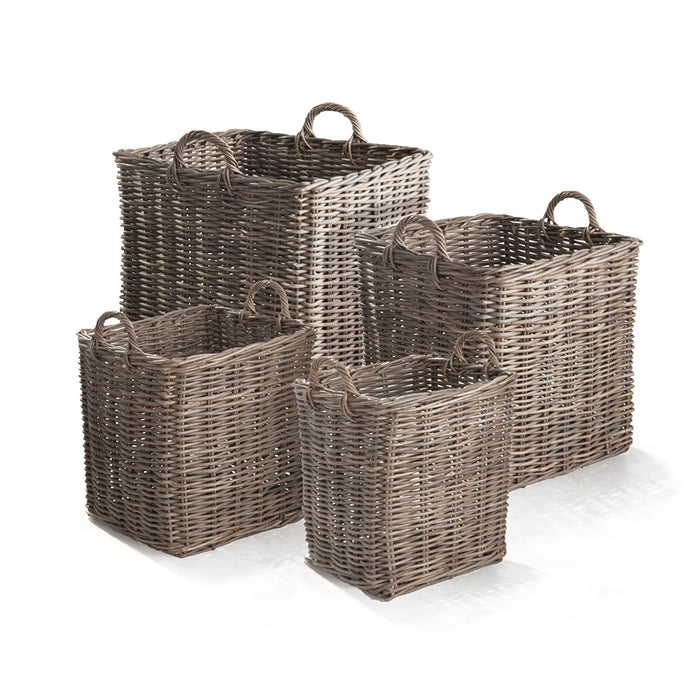 A set of four square wicker apple baskets in dove gray with handles on the sides.