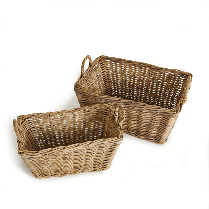 Two brown rectangular wicker laundry baskets with woven sides and handles, set against a white background.