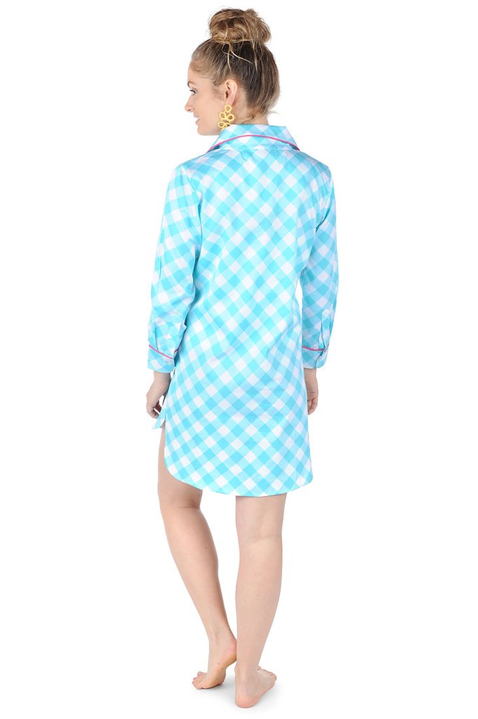 Gingham Turquoise Sateen Sleep Shirt - S