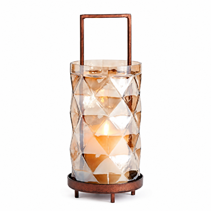 Decorative glass lantern with a handle on a white background