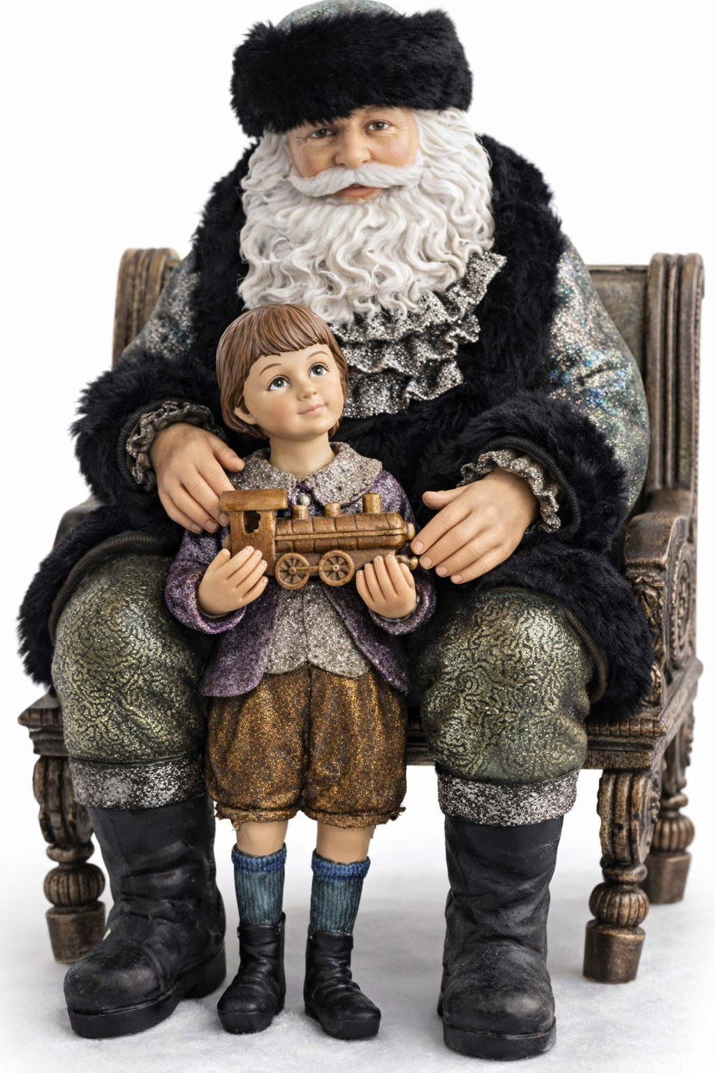 12" Sitting Santa and Child with Metallic Sage Jacket