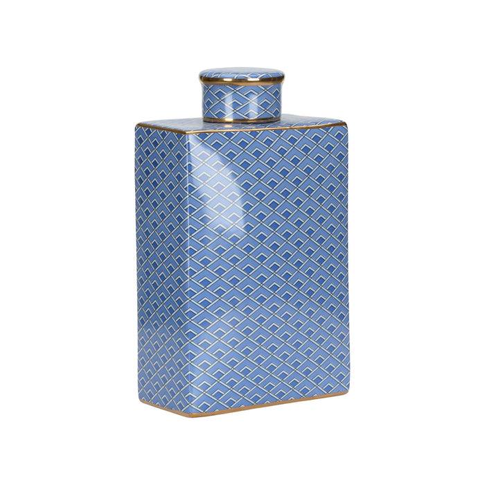 Blue ceramic jar with geometric pattern on a white background