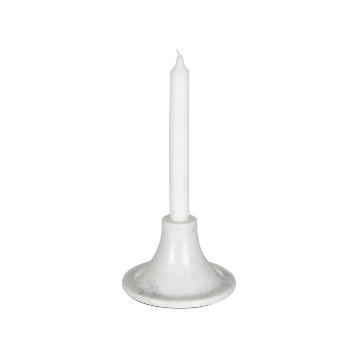 White candle holder with a white candle on a white background