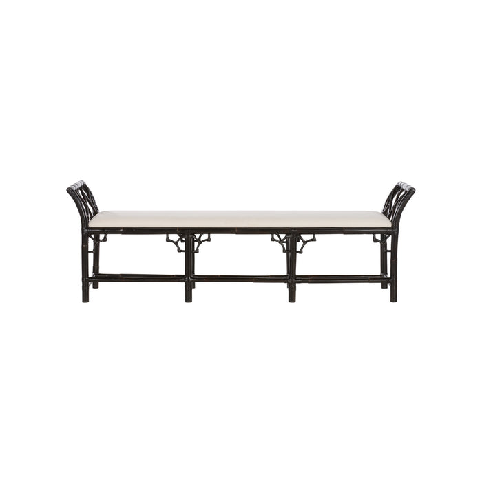 Long wooden bench with black metal frame on a white background