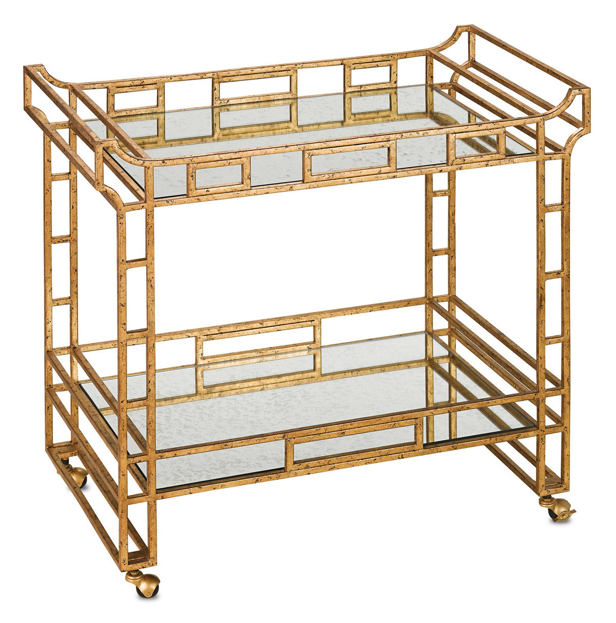 Bar Cart from the Odeon collection in Seneca Gold Leaf/Light Roche Antique Mirror finish by Currey and Company
