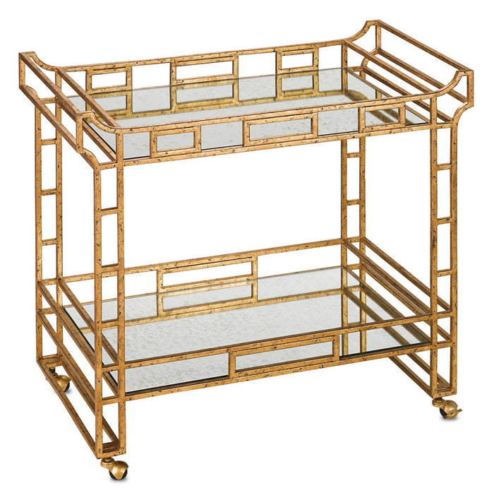 Bar Cart from the Odeon collection in Seneca Gold Leaf/Light Roche Antique Mirror finish by Currey and Company