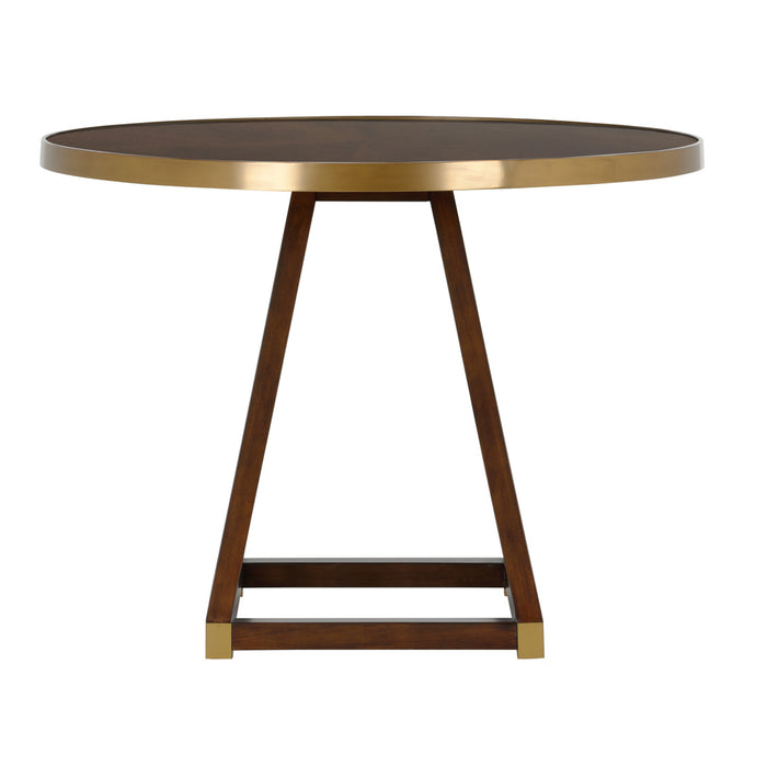 Round table with gold rim and wooden legs on a white background