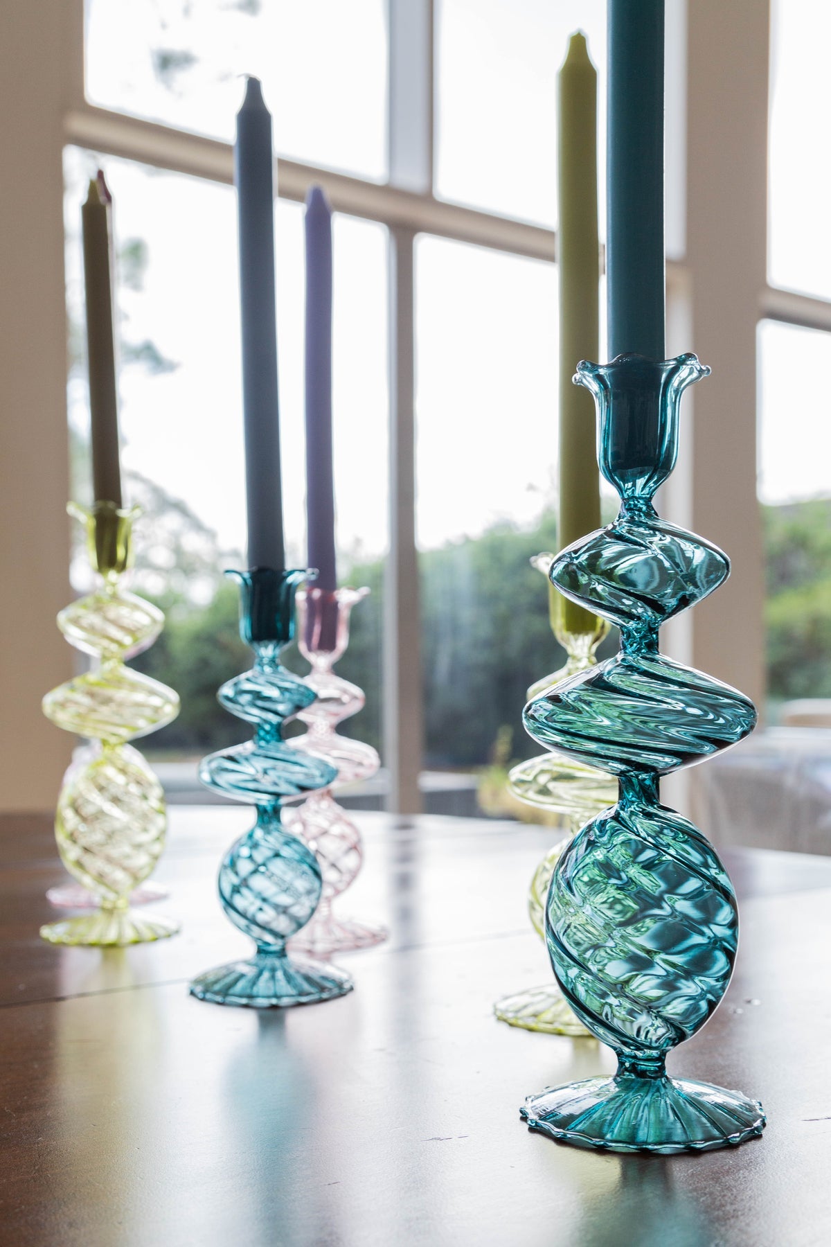 Abigails Blue Swirl Glass Candlestick, Medium, Set of 2