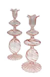 Abigails Pink Swirl Glass Candlestick, Large, Set of 2