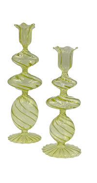 Abigails Green Swirl Glass Candlestick, Large, Set of 2