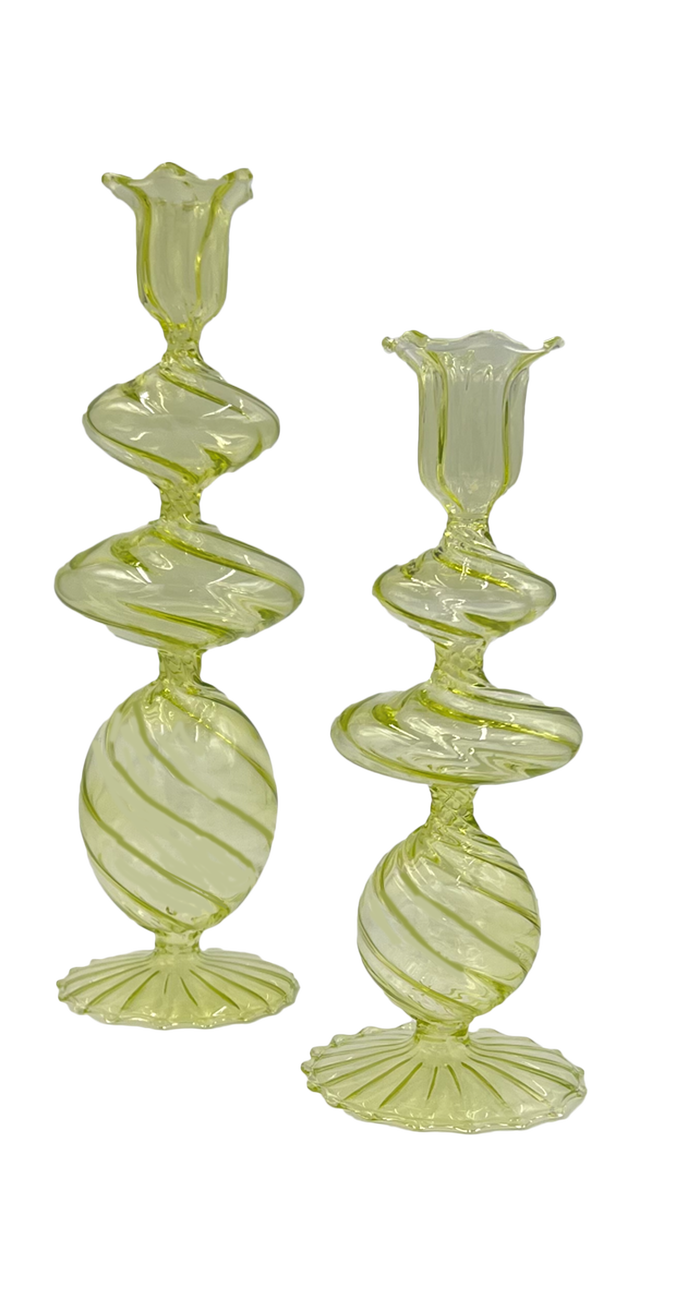 Abigails Green Swirl Glass Candlestick, Large, Set of 2