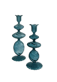 Abigails Blue Swirl Glass Candlestick, Medium, Set of 2
