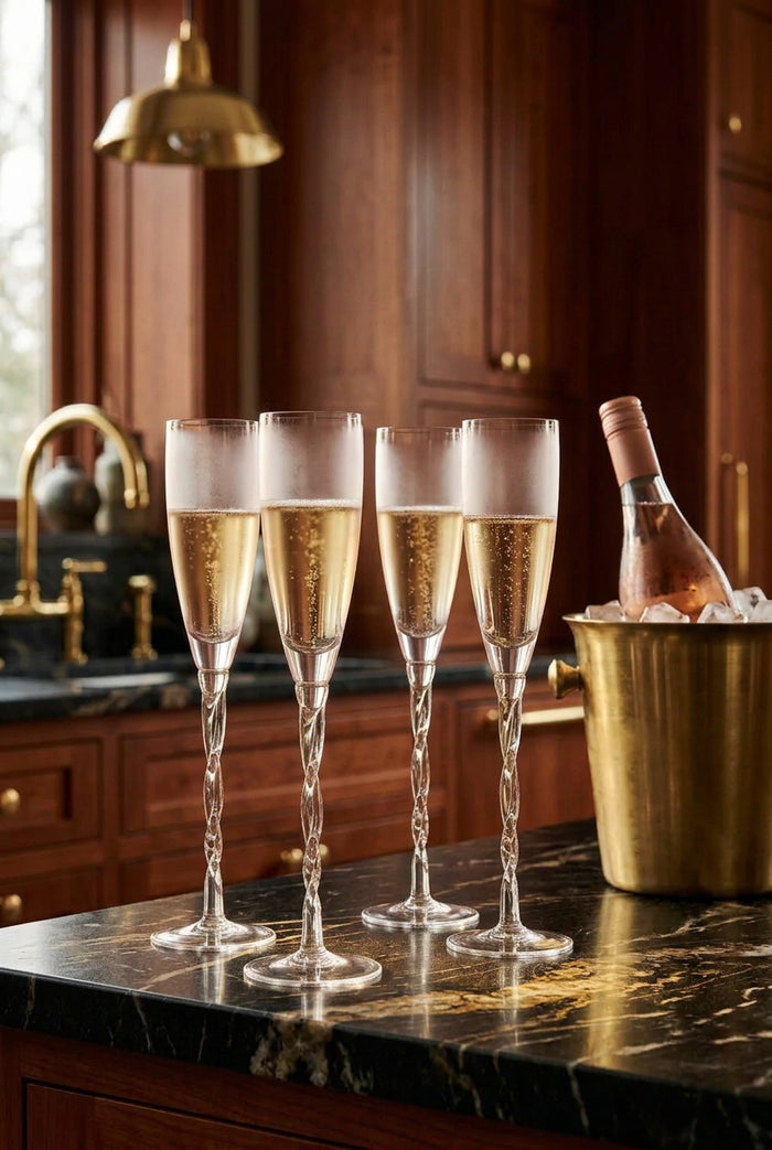 Set of four clear champagne flutes on a marble countertop in a modern kitchen.
