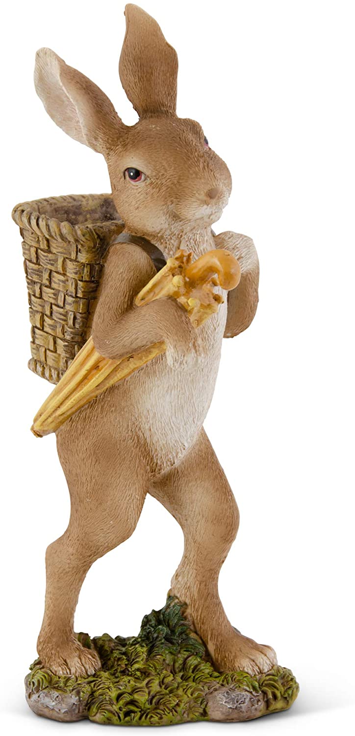 9.5 Inch Resin Bunny w/Basket Backpack and Yellow Umbrella, Brown
