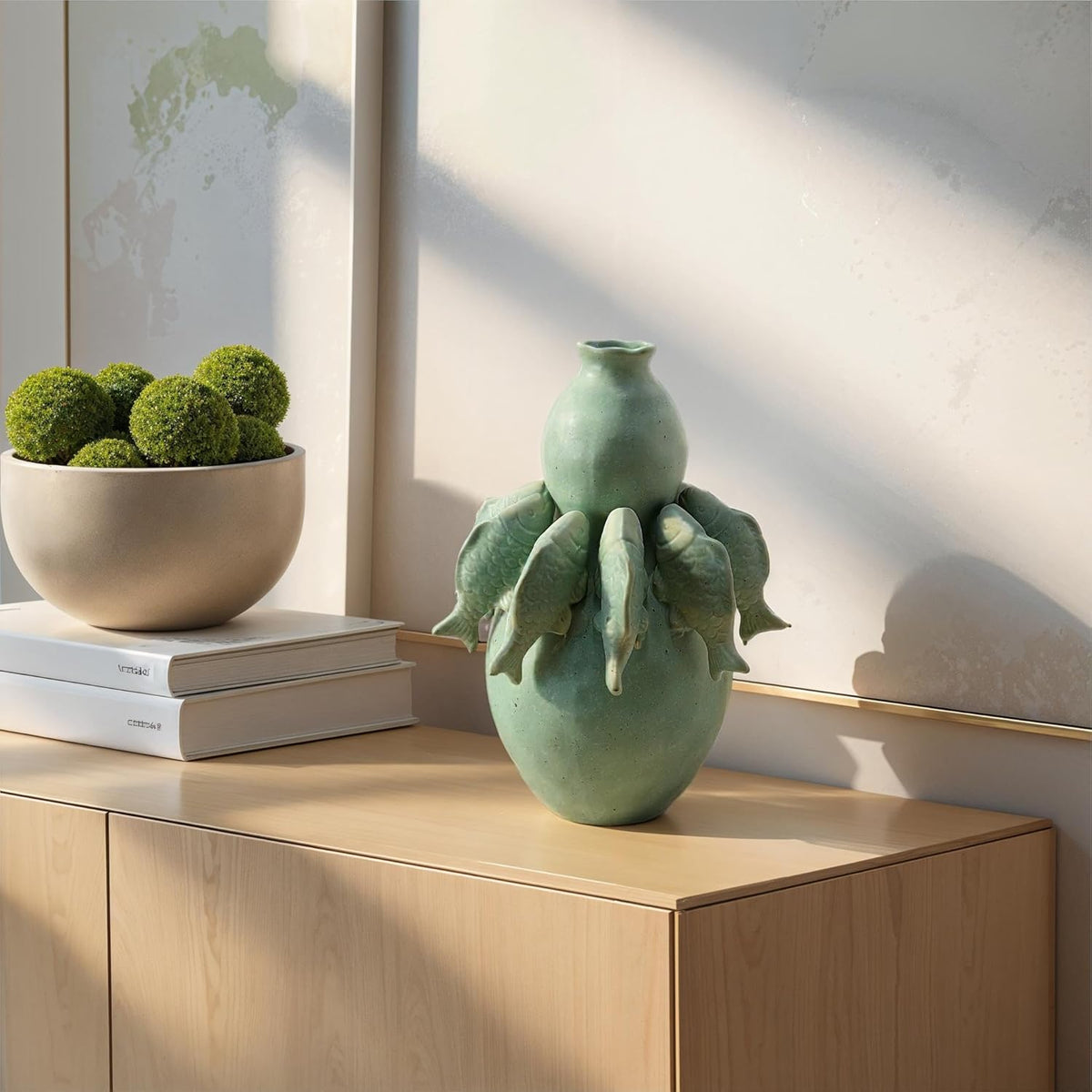 Design Shop Stoneware Vase with 3D Fish and Reactive Glaze, Matte Sage Green