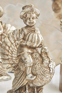 Design Shop Assorted 7.25 Inch Antique Silver Resin Children with Turkeys, Set of 3