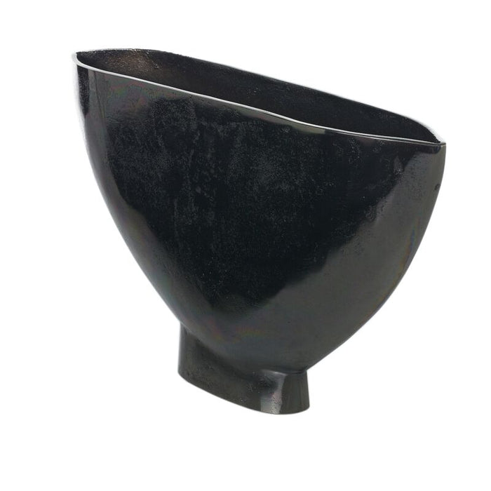 Black ceramic vase with an oval shape and a glossy finish.