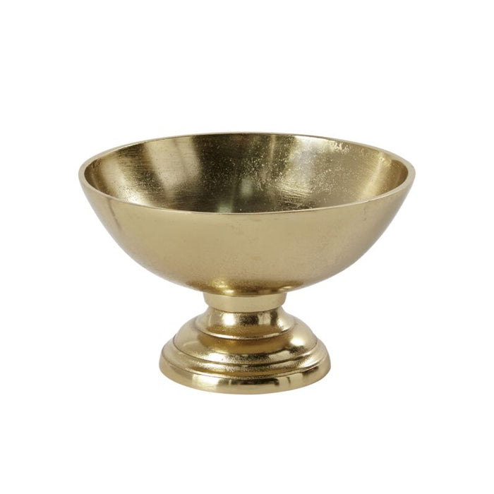 A gold-colored metal decorative bowl with a pedestal base.