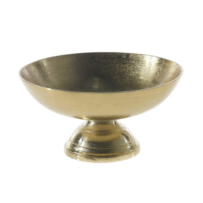 A gold-colored metal bowl with a reflective surface, displayed against a plain background.