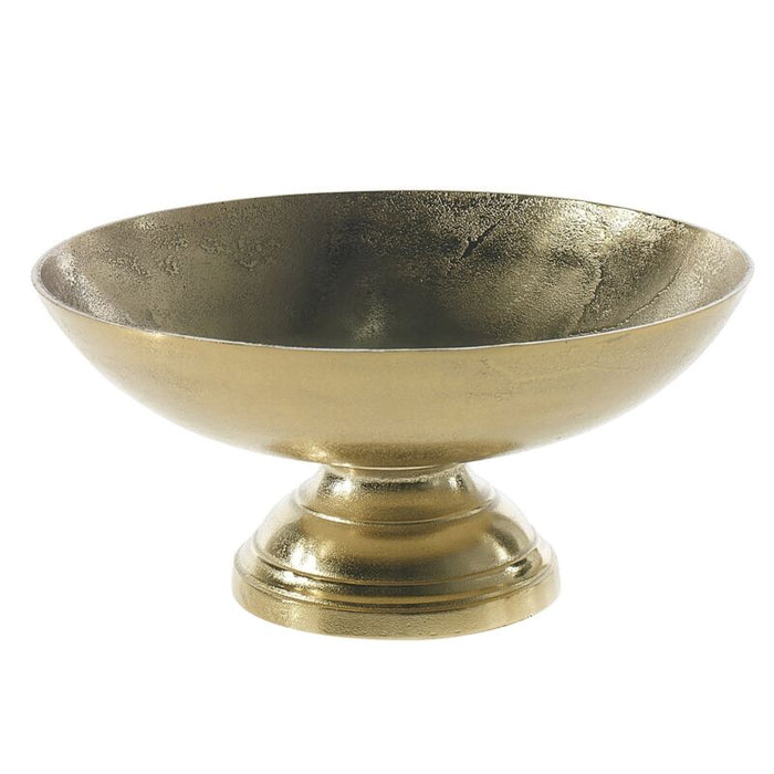 A gold-colored metal decorative bowl with a pedestal base.