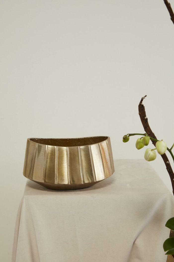 Gold metallic bowl on a light surface with a blurred plant in the background