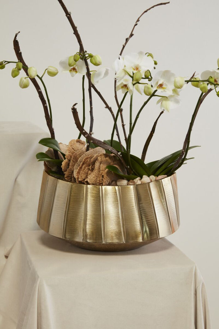 Decorative flower arrangement in a brass vase on a white surface