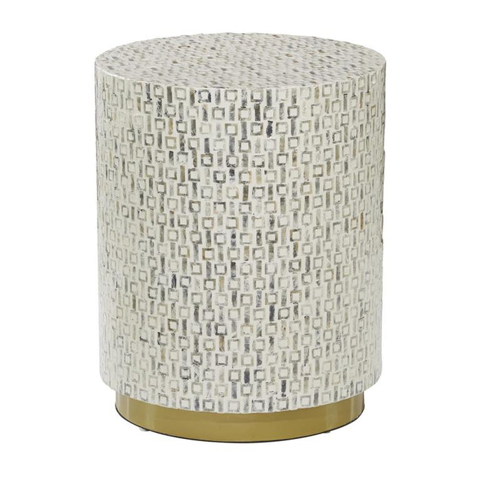 White Mother of Pearl Accent Table With Gold Base And Geometric Patterns, 18" X 18" X 22"