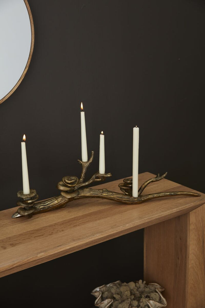 Decorative candle holder with candles on a wooden surface against a dark wall.